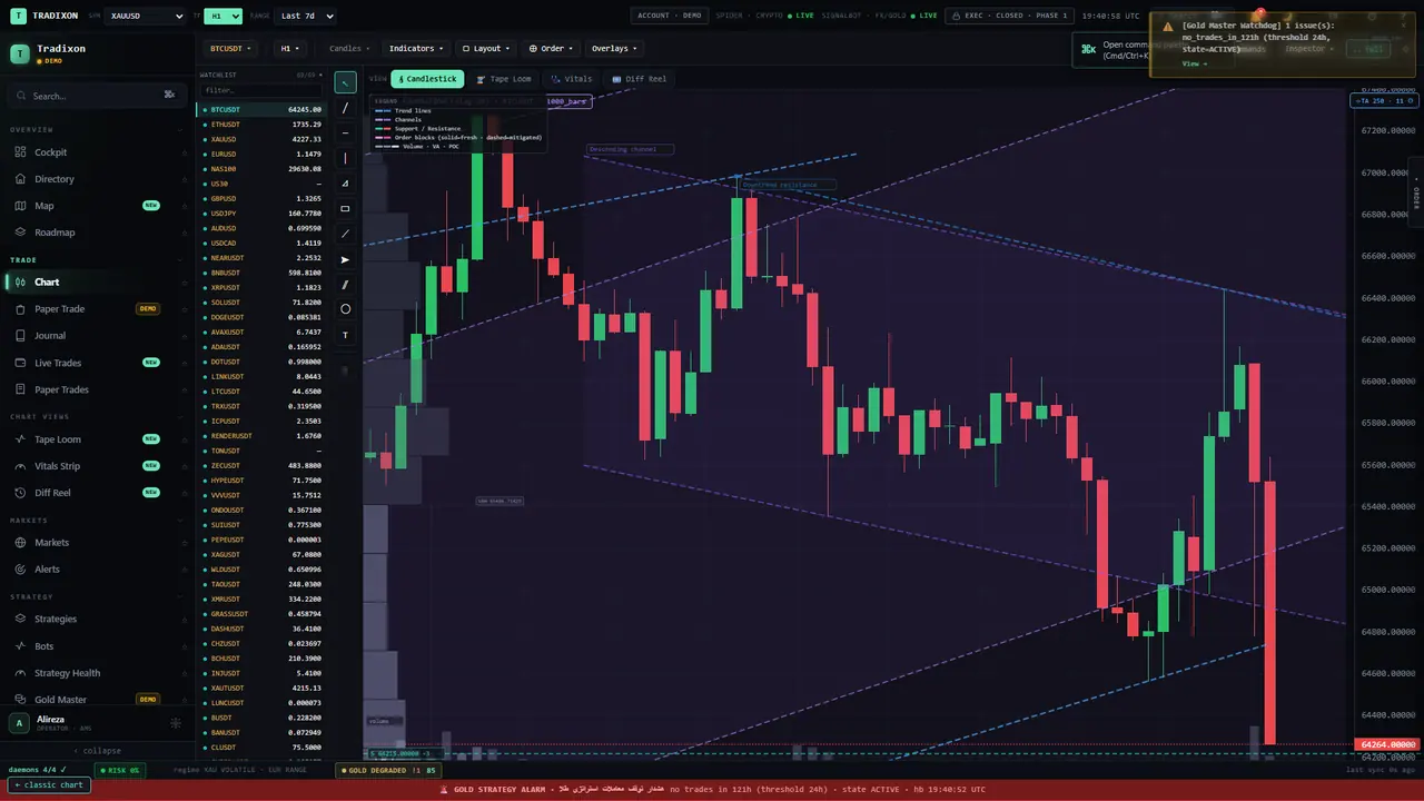 Real Tradixon chart capture showing layered technical context over a historical chart frame.
