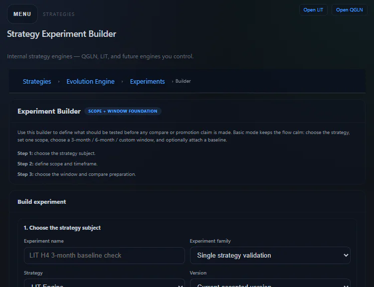 Real Tradixon Strategy Experiment Builder showing subject, scope, and comparison preparation.